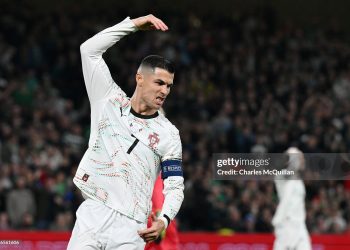 Cristiano Ronaldo of Portugal reacts during the FIFA World Cup 2026 qualifier match between Republic of Ireland and Portugal (Photo by Charles McQuillan/Getty Images)
