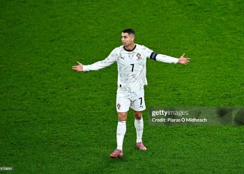Cristiano Ronaldo of Portugal gesture before being shown a red card during the FIFA World Cup 2026 Group F Qualifier match between Republic of Ireland and Portugal (Photo By Piaras Ó Mídheach/Sportsfile via Getty Images)