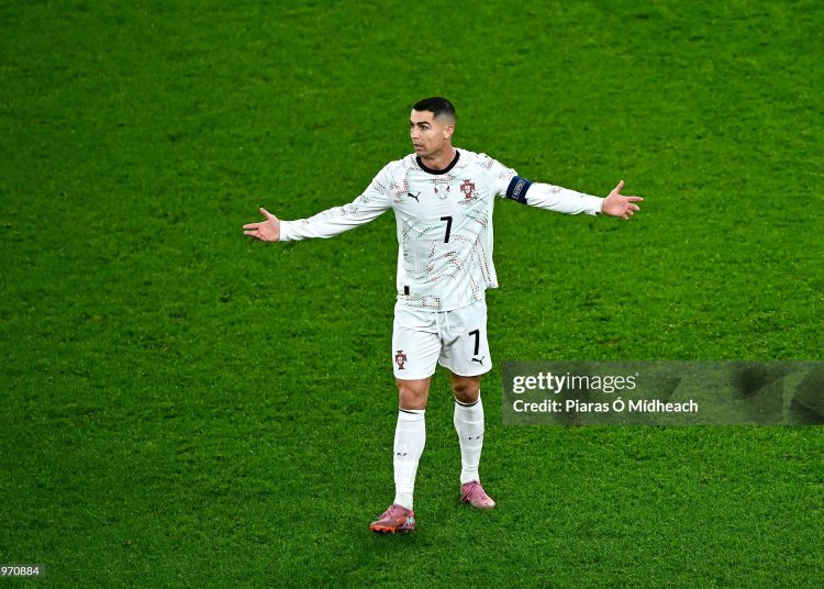 Cristiano Ronaldo of Portugal gesture before being shown a red card during the FIFA World Cup 2026 Group F Qualifier match between Republic of Ireland and Portugal (Photo By Piaras Ó Mídheach/Sportsfile via Getty Images)