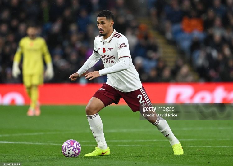 William Saliba of Arsenal during the Premier League match between Burnley and Arsenal (Photo by David Price/Arsenal FC via Getty Images)