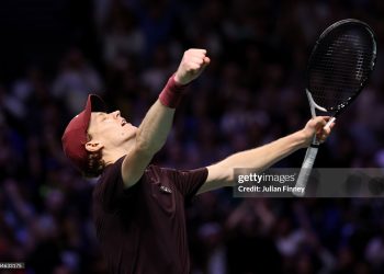 Jannik Sinner of Italy celebrates against Felix Auger Aliassime of Canada in the Final match on day seven of the Rolex Paris Masters 2025 (Photo by Julian Finney/Getty Images)