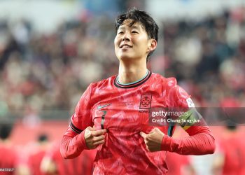 Son Heung Min of South Korea celebrates after scoring the team's first goal during the international friendly match between South Korea and Bolivia (Photo by Chung Sung-Jun/Getty Images)