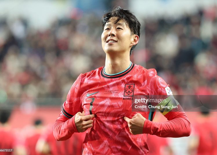 Son Heung Min of South Korea celebrates after scoring the team's first goal during the international friendly match between South Korea and Bolivia (Photo by Chung Sung-Jun/Getty Images)