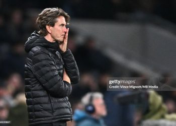 Thomas Frank of Tottenham Hotspur looks dejected during the Premier League match between Tottenham Hotspur and Chelsea (Photo by Vince Mignott/MB Media/Getty Images)