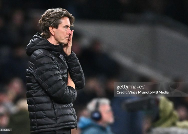 Thomas Frank of Tottenham Hotspur looks dejected during the Premier League match between Tottenham Hotspur and Chelsea (Photo by Vince Mignott/MB Media/Getty Images)