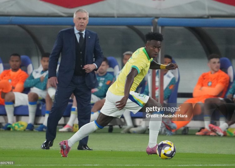 Vinicius Junior of Brazil in action during the international friendly match (Photo by Masashi Hara/Getty Images)