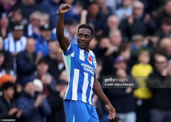 Danny Welbeck of Brighton & Hove Albion celebrates scoring his team's first goal  during the Premier League match between Brighton & Hove Albion and Leeds United (Photo by Harry Murphy/Getty Images)