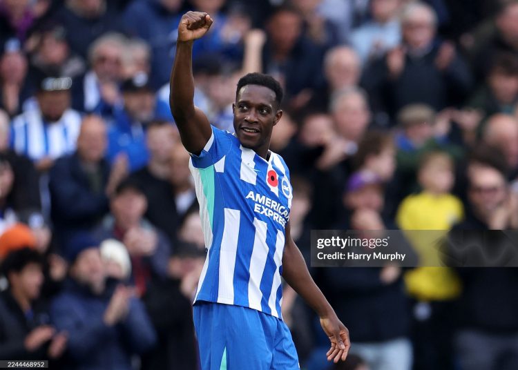 Danny Welbeck of Brighton & Hove Albion celebrates scoring his team's first goal  during the Premier League match between Brighton & Hove Albion and Leeds United (Photo by Harry Murphy/Getty Images)