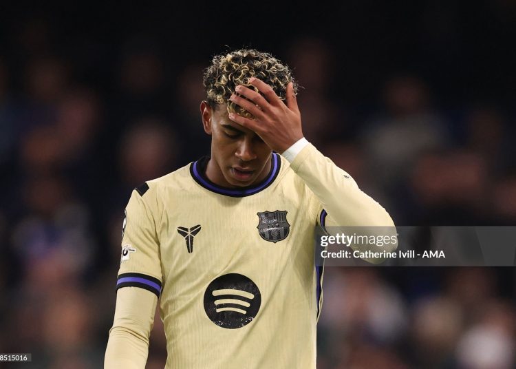 Lamine Yamal of FC Barcelona reacts during the UEFA Champions League 2025/26 League Phase MD5 match between Chelsea FC and FC Barcelona at Stamford Bridge (Photo by Catherine Ivill - AMA/Getty Images)
