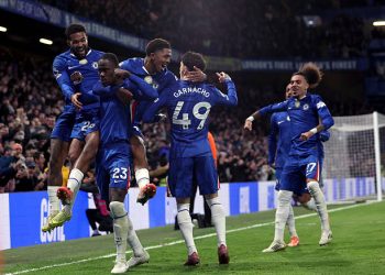 Trevoh Chalobah celebrates scoring his team's first goal with teammates (Photo by Chris Lee - Chelsea FC/Chelsea FC via Getty Images)