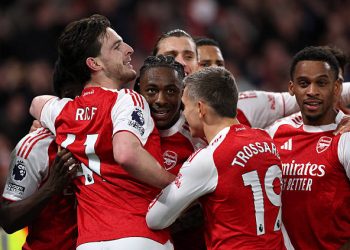 Eberechi Eze celebrates scoring his team's second goal with teammates  (Photo by Justin Setterfield/Getty Images)