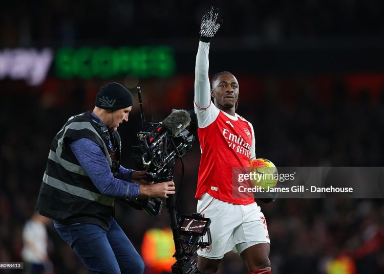 Eberechi Eze  celebrates with the match ball after the Premier League match between Arsenal and Tottenham Hotspur  (Photo by James Gill - Danehouse/Getty Images)
