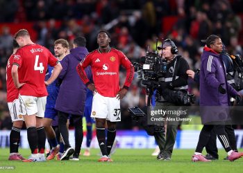 Kobbie Mainoo of Manchester United appears dejected following defeat in the Premier League match between Manchester United and Everton at Old Trafford (Photo by Alex Livesey/Getty Images)