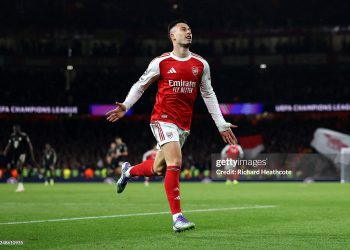 Gabriel Martinelli of Arsenal celebrates scoring his team's third goal during the UEFA Champions League 2025/26 League Phase MD5 match between Arsenal FC and FC Bayern München (Photo by Richard Heathcote/Getty Images)