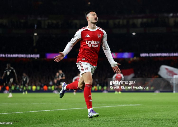 Gabriel Martinelli of Arsenal celebrates scoring his team's third goal during the UEFA Champions League 2025/26 League Phase MD5 match between Arsenal FC and FC Bayern München (Photo by Richard Heathcote/Getty Images)