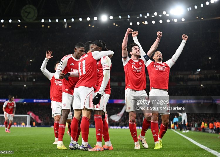 Gabriel Martinelli of Arsenal celebrates scoring his team's third goal with teammates during the UEFA Champions League 2025/26 League Phase MD5 match between Arsenal FC and FC Bayern München (Photo by Stuart MacFarlane/Arsenal FC via Getty Images)