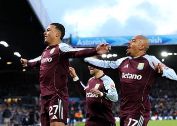 Morgan Rogers  celebrates scoring his team's second goal . (Photo by Aston Villa/Aston Villa FC via Getty Images)