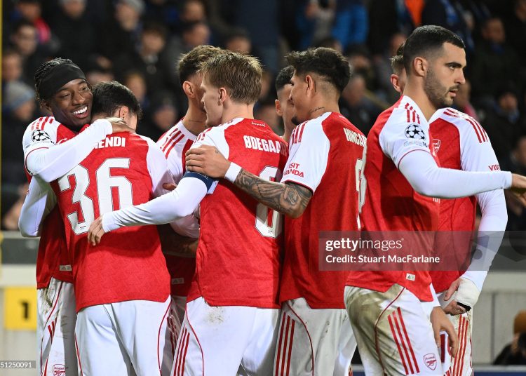 Noni Madueke of Arsenal celebrates scoring his team's second goal with teammates during the UEFA Champions League 2025/26 League Phase MD6 match between Club Brugge KV and Arsenal FC (Photo by Stuart MacFarlane/Arsenal FC via Getty Images)