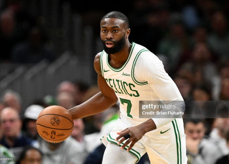 Jaylen Brown #7 of the Boston Celtics dribbles the ball against the Indiana Pacers during the first half (Photo by Brian Fluharty/Getty Images)