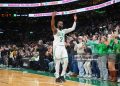 Jaylen Brown #7 of the Boston Celtics celebrates during the game against the Indiana Pacers (Photo by Brian Babineau/NBAE via Getty Images)