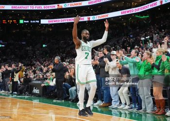 Jaylen Brown #7 of the Boston Celtics celebrates during the game against the Indiana Pacers (Photo by Brian Babineau/NBAE via Getty Images)
