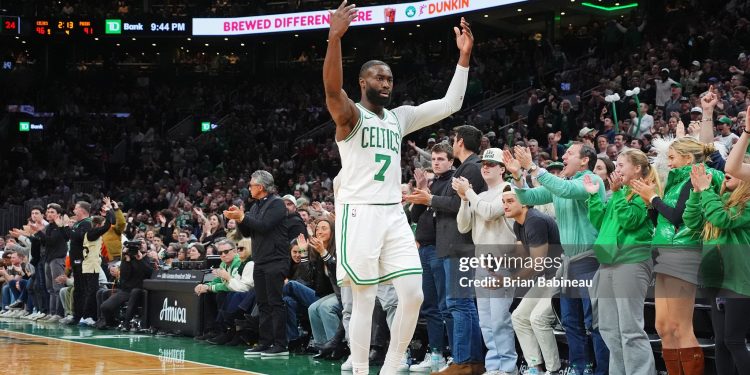 Jaylen Brown #7 of the Boston Celtics celebrates during the game against the Indiana Pacers (Photo by Brian Babineau/NBAE via Getty Images)