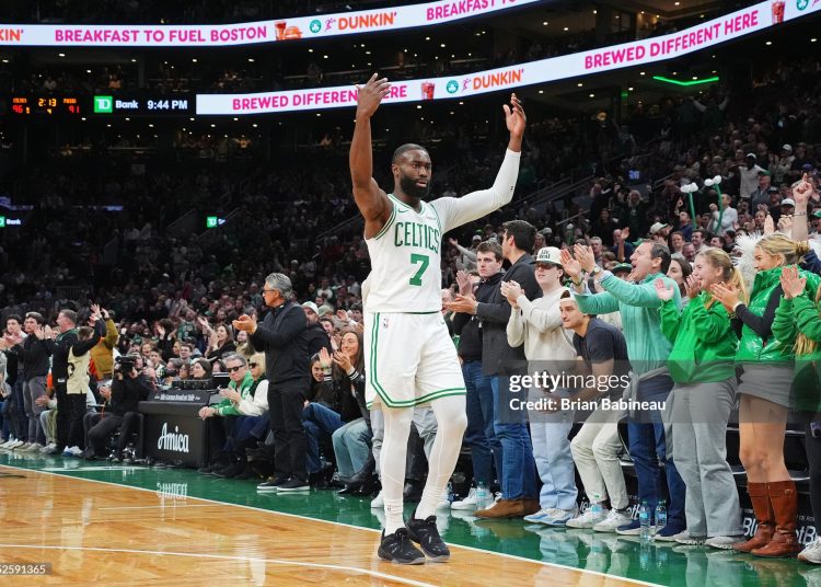 Jaylen Brown #7 of the Boston Celtics celebrates during the game against the Indiana Pacers (Photo by Brian Babineau/NBAE via Getty Images)