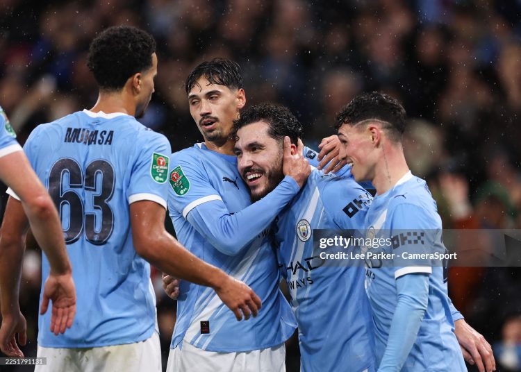 Manchester City's Rayan Cherki celebrates scoring the opening goal with Tijjani Reijnders Phil Foden and Divine Mukasa  during the Carabao Cup Quarter Final match between Manchester City and Brentford (Photo by Lee Parker - CameraSport via Getty Images)