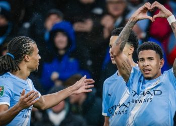Savinho celebrates after scoring goal against Brentford in Carabao Cup semifinals Photo Courtesy: Man City