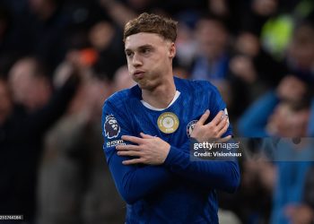 Cole Palmer of Chelsea scores the opening goal during the Premier League match between Chelsea and Everton (Photo by Visionhaus/Getty Images)