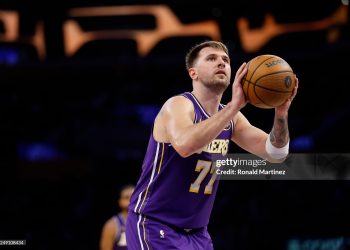 Luka Doncic #77 of the Los Angeles Lakers takes a free throw (Photo by Ronald Martinez/Getty Images)