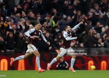 Emi Buendia of Aston Villa (R) celebrates scoring his team's second goal with teammate Morgan Rogers (L) during the Premier League match between Aston Villa and Arsenal (Photo by Alex Pantling/Getty Images)