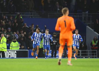 Georginio Rutter celebrates scoring his team's first goal with teammate Brajan Gruda (2L) (Photo by Warren Little/Getty Images)