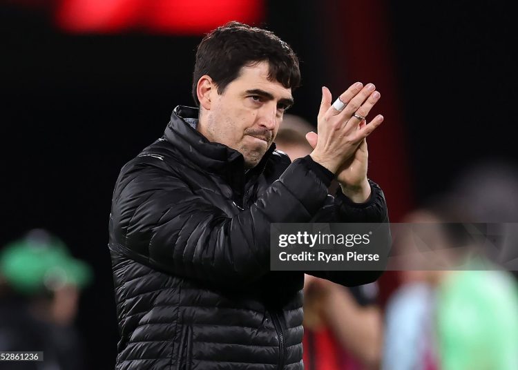Andoni Iraola, Manager of AFC Bournemouth, applauds fans after the Premier League match between Bournemouth and Burnley (Photo by Ryan Pierse/Getty Images)