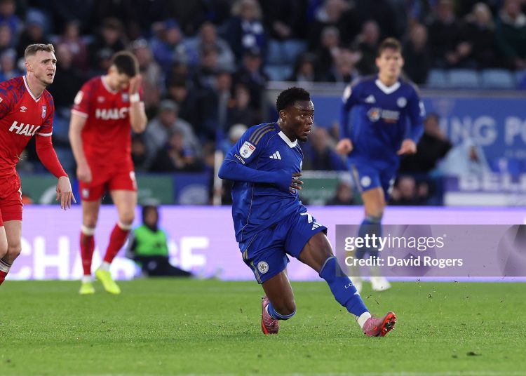 Abdul Fatawu of Leicester City scores their second goal from the half way line during the Sky Bet Championship match between Leicester City and Ipswich Town (Photo by David Rogers/Getty Images)