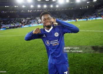 Abdul Fatawu of Leicester City celebrates after the Sky Bet Championship match between Leicester City and Ipswich Town (Photo by Plumb Images/Leicester City FC via Getty Images)