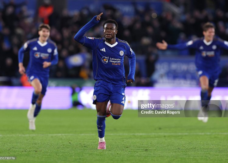 Abdul Fatawu of Leicester City celebrates after scoring their second goal from the half way line during the Sky Bet Championship match between Leicester City and Ipswich Town (Photo by David Rogers/Getty Images)