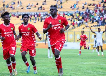 Kwame Opoku celebrates after scoring against Dreams FC Photo Courtesy: AKSC