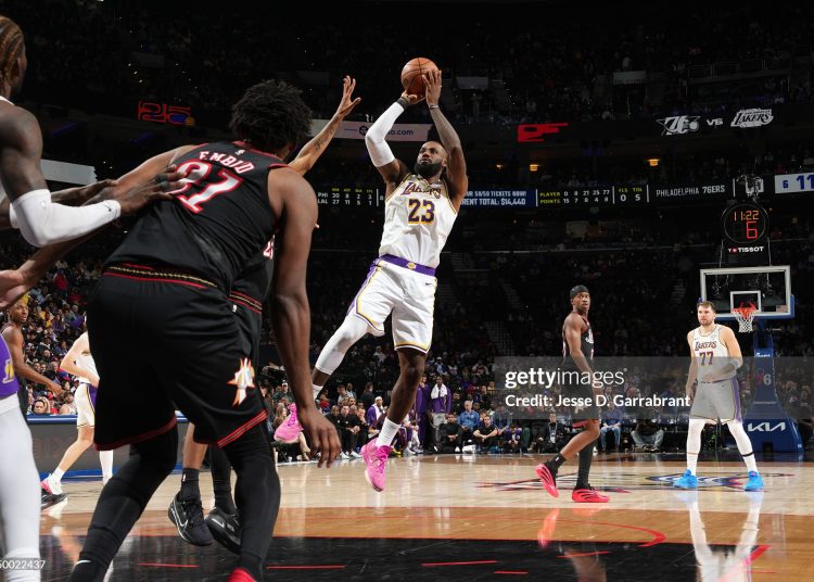 PHILADELPHIA, PA - DECEMBER 7: LeBron James #23 of the Los Angeles Lakers shoots the ball during the game against the Philadelphia 76ers on December 7, 2025 at the Wells Fargo Center in Philadelphia, Pennsylvania NOTE TO USER: User expressly acknowledges and agrees that, by downloading and/or using this Photograph, user is consenting to the terms and conditions of the Getty Images License Agreement. Mandatory Copyright Notice: Copyright 2025 NBAE (Photo by Jesse D. Garrabrant /NBAE via Getty Images)