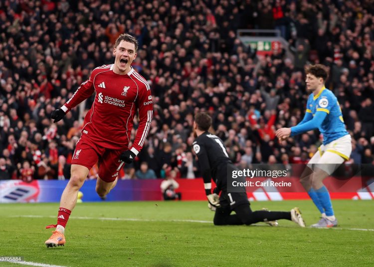 Florian Wirtz of Liverpool celebrates scoring his team's second goal during the Premier League match between Liverpool and Wolverhampton Wanderers (Photo by Carl Recine/Getty Images)