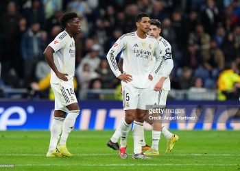 Jude Bellingham of Real Madrid looks dejected after the Celta Vigo second goal scored by Williot Swedberg during the LaLiga EA Sports match between Real Madrid CF and RC Celta de Vigo (Photo by Angel Martinez/Getty Images)