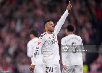 Kylian Mbappe of Real Madrid celebrates scoring his team's third goal during the LaLiga EA Sports match between Athletic Club and Real Madrid CF (Photo by Juan Manuel Serrano Arce/Getty Images)