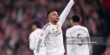 Kylian Mbappe of Real Madrid celebrates scoring his team's third goal during the LaLiga EA Sports match between Athletic Club and Real Madrid CF (Photo by Juan Manuel Serrano Arce/Getty Images)