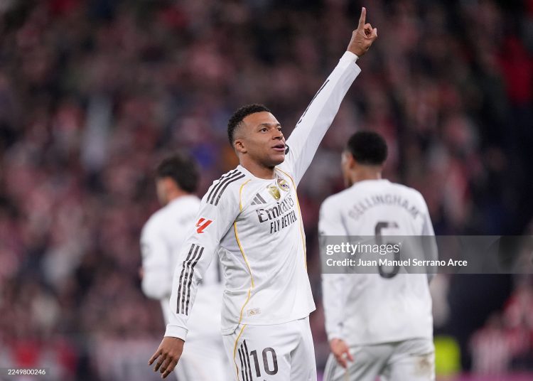 Kylian Mbappe of Real Madrid celebrates scoring his team's third goal during the LaLiga EA Sports match between Athletic Club and Real Madrid CF (Photo by Juan Manuel Serrano Arce/Getty Images)