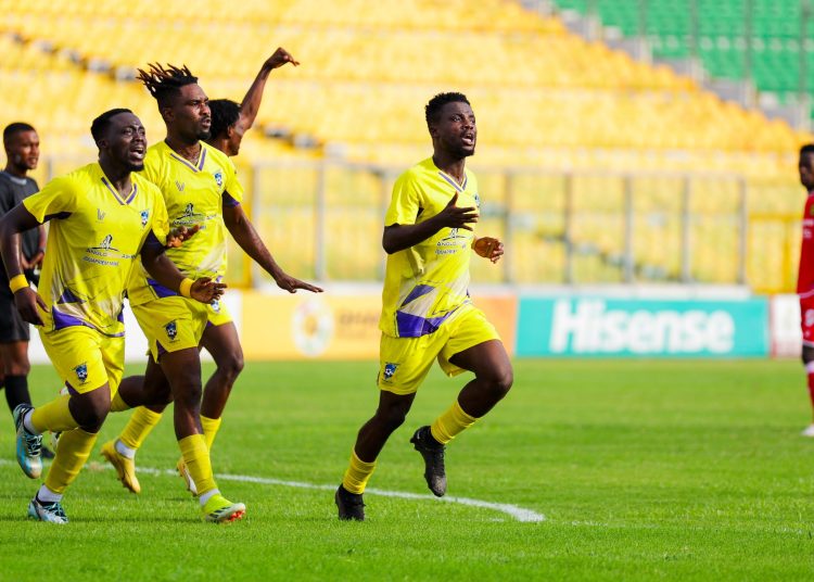 Derrick Fordjour celebrates after scoring for Medeama Photo Courtesy: Medeama SC