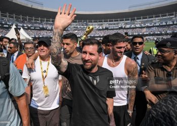 Lionel Messi is seen during the GOAT Tour (Photo by Debarchan Chatterjee/NurPhoto via Getty Images)