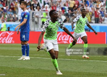 Nigeria's forward Ahmed Musa celebrates after scoring their opener during the Russia 2018 World Cup Group D football match between Nigeria and Iceland (Photo credit: MARK RALSTON/AFP via Getty Images)