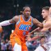 Jalen Williams #8 of the Oklahoma City Thunder drives to the basket during the first half of the Emirates NBA Cup - Quarterfinals game (Photo by William Purnell/Getty Images)