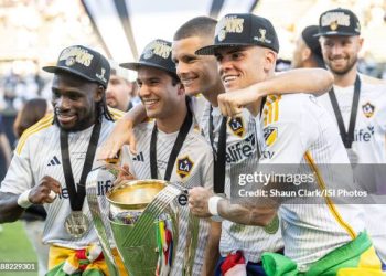 Joseph Paintsil #28; Riqui Puig #10; Dejan Jovelji #9 and Gabriel Pec #11 of Los Angeles Galaxy following the MLS Cup Final at Dignity Health Sports Park on December 7, 2024 in Carson, California.  The Los Angeles Galaxy won the match 2-1  (Photo by Shaun Clark/ISI Photos/Getty Images)
