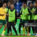 South Africa's forward #09 Lyle Foster (L) celebrates scoring his team's second goal with his teammates during the Africa Cup of Nations (CAN) Group B football match between South Africa and Angola (Photo by Khaled DESOUKI / AFP via Getty Images)